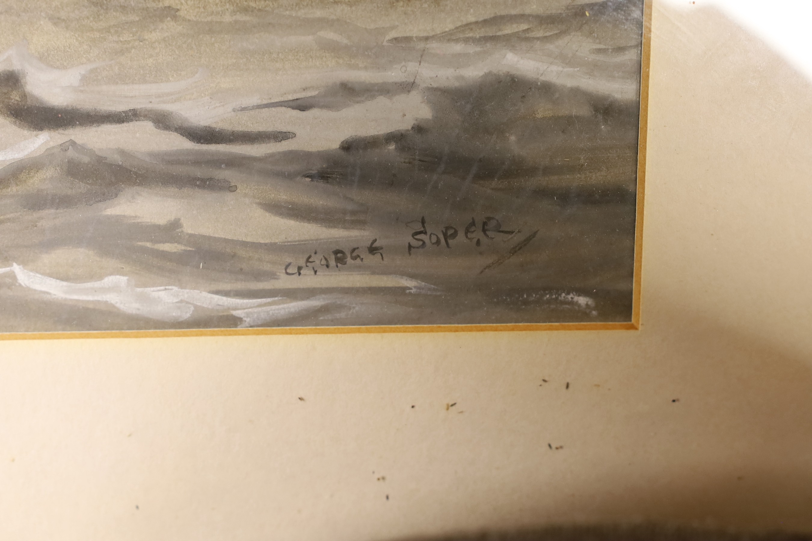 George Soper (1870-1942), watercolour and gouache on paper, Merchant ship under attack, signed, 40 x 29cm